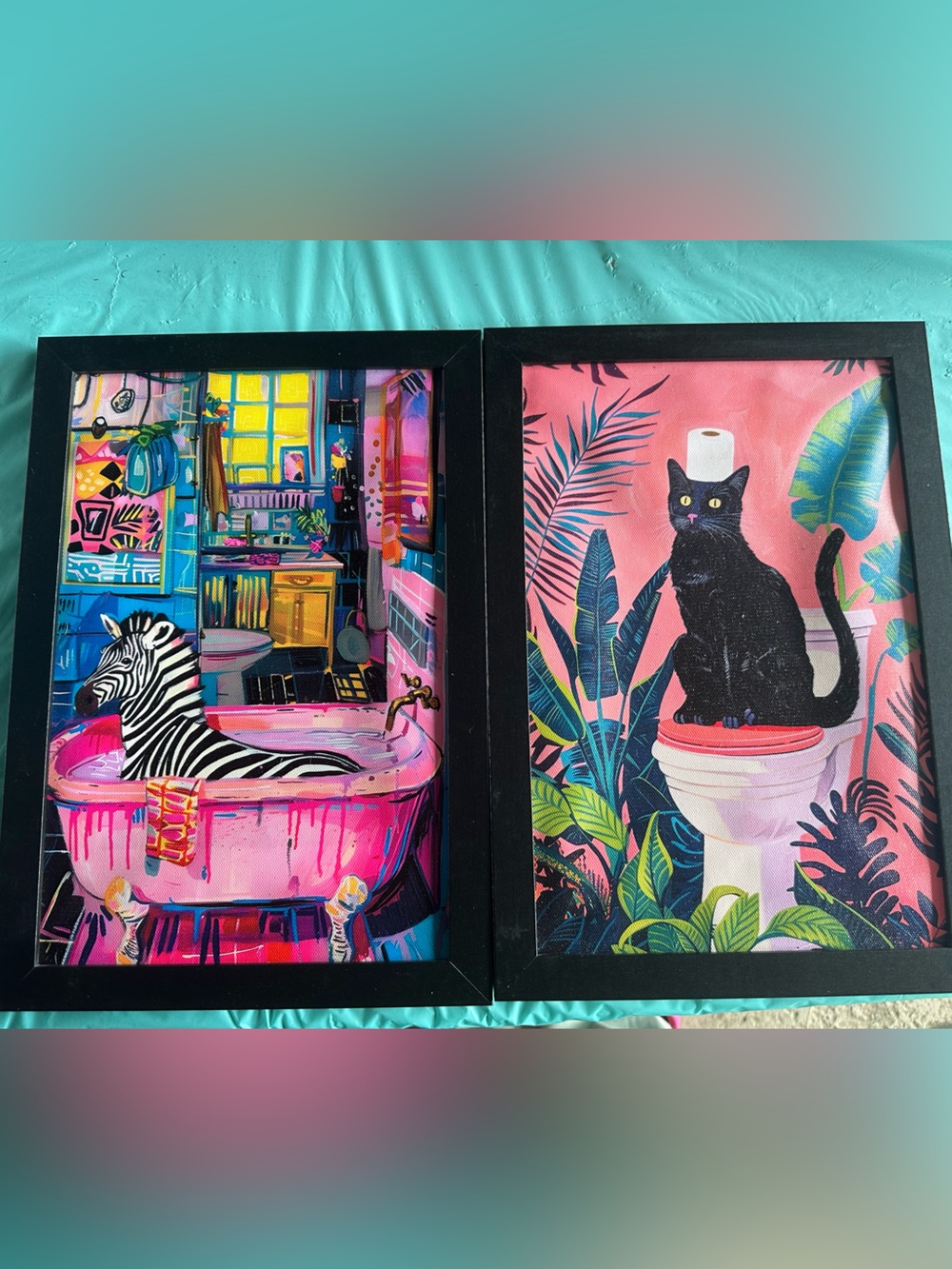 Vibrant Pink & Multicolor Framed Home Art Prints - Zebra & Black Cat